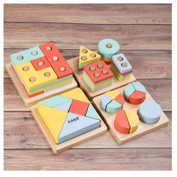 (經典木玩)【Classic Wooden Play】Early Education Learning Geometric Shapes Jigsaw Puzzle 4 in 1 Game Set