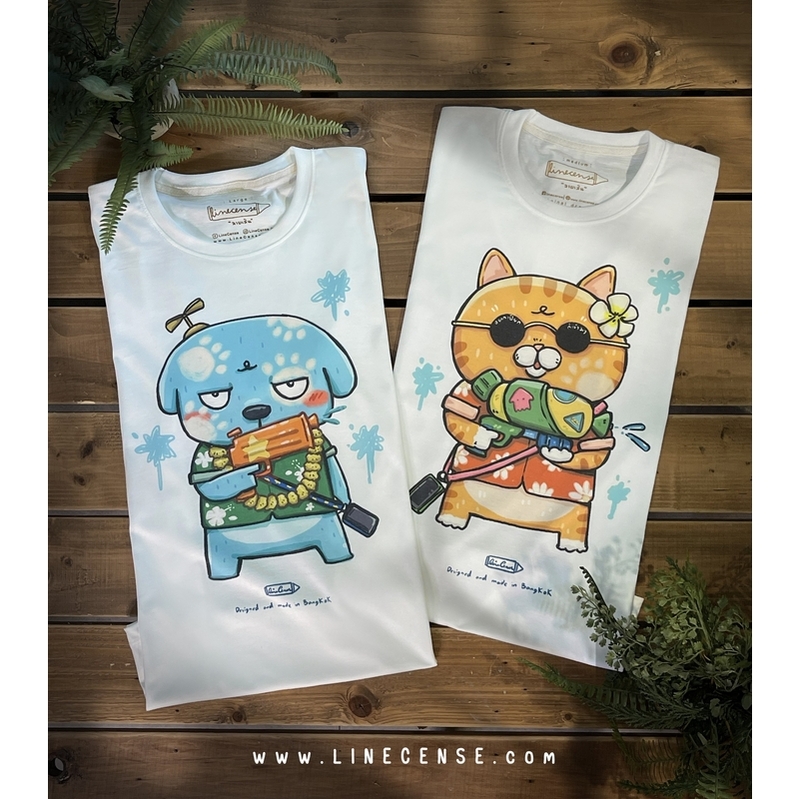 LineCense - 戲水貓咪 白色 T-shirt (尺碼 S-XL)